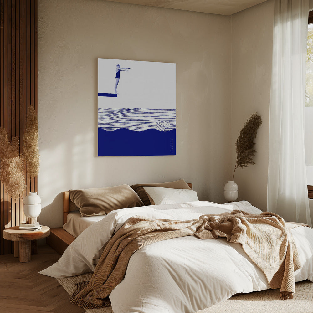 Moderne Vintage Strand Wandkunst, Maritimer Kunstdruck, Frau schwimmt im abstrakten Meer | Leinwand