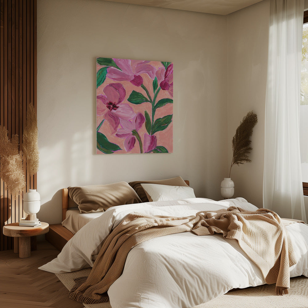 Rosa Blumen mit kräftigen grünen Blättern | Leinwand