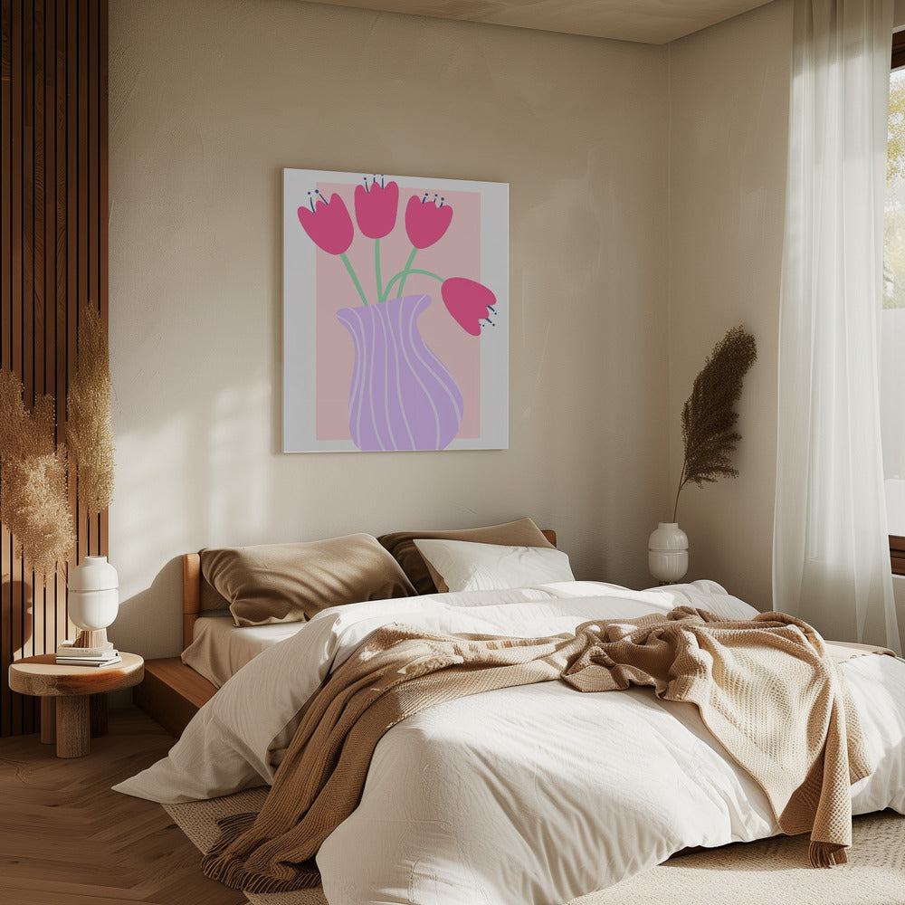 Vibrant Tulips in a Striped Lavender Vase | Canvas