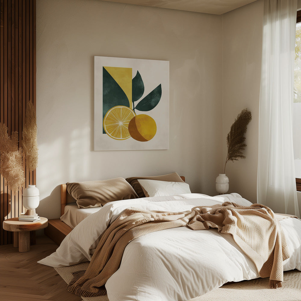 Gelbe Zitrone mit grünen Blättern Serenity | Leinwand