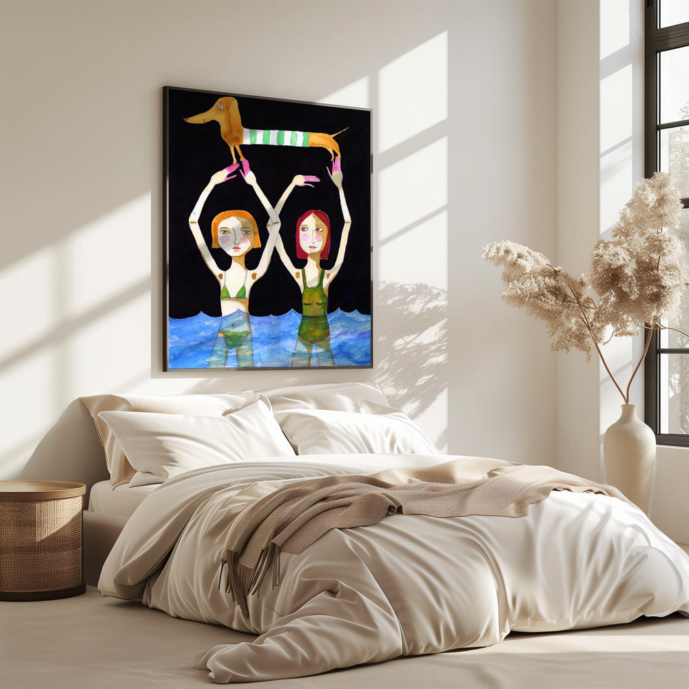 Swimming Girls with Sausage Dog | Poster