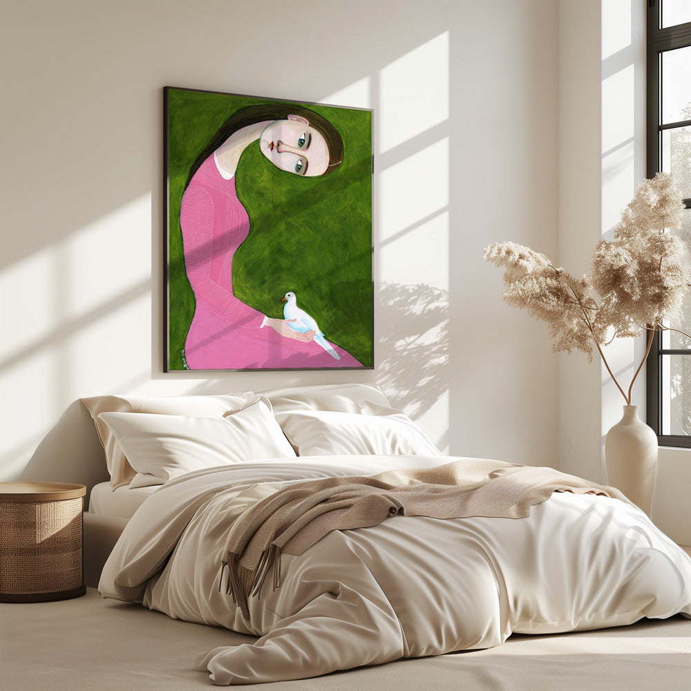 Mädchen mit Taube sitzend im rosa Kleid | Poster