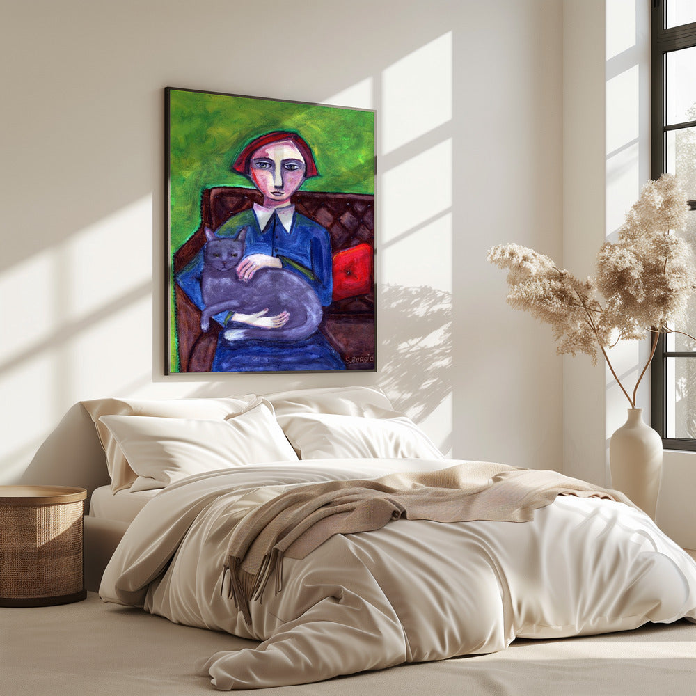 Dame auf der Couch mit Katze | Poster