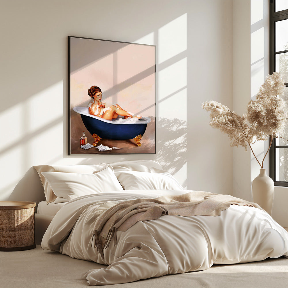 Badewannengetränke: Pinup-Girl trinkt im Badezimmer | Poster
