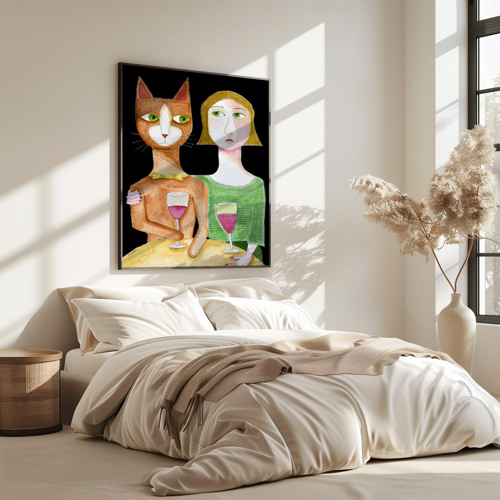 Beste Freunde Katze und Dame trinken Wein | Poster