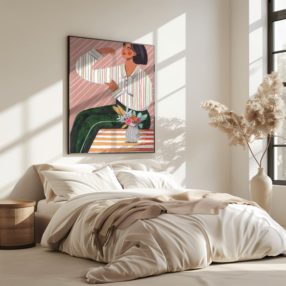 Frau in gestreiftem Hemd und grüner Hose | Poster