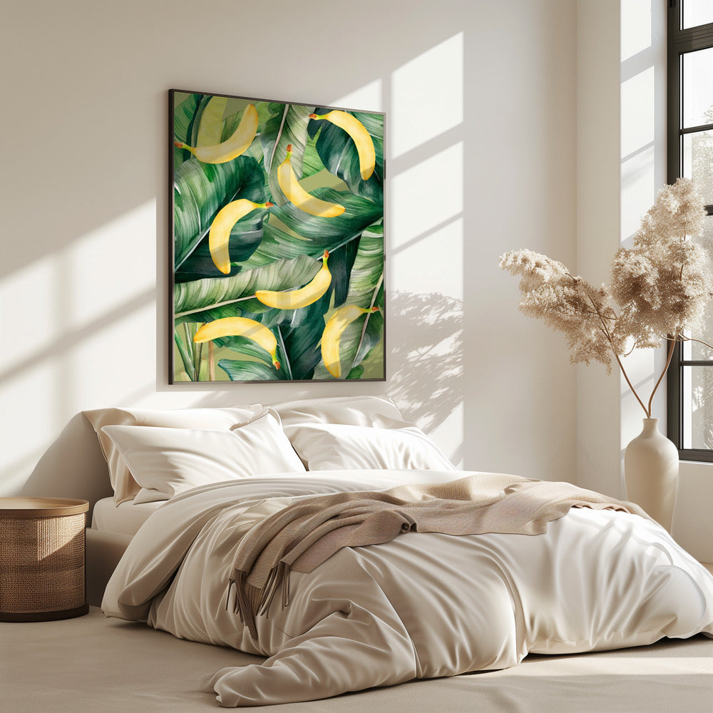 Fresh Banana &amp; Lush Tropical Leaves Aesthetic Pattern - Natural Watercolor Design | Poster