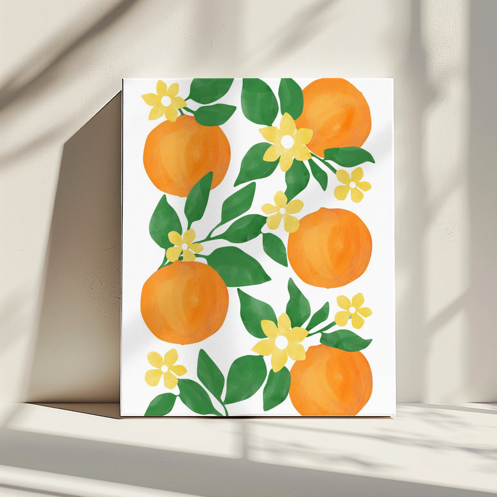 Orangen mit grünen Blättern und zarten gelben Blüten | Leinwand