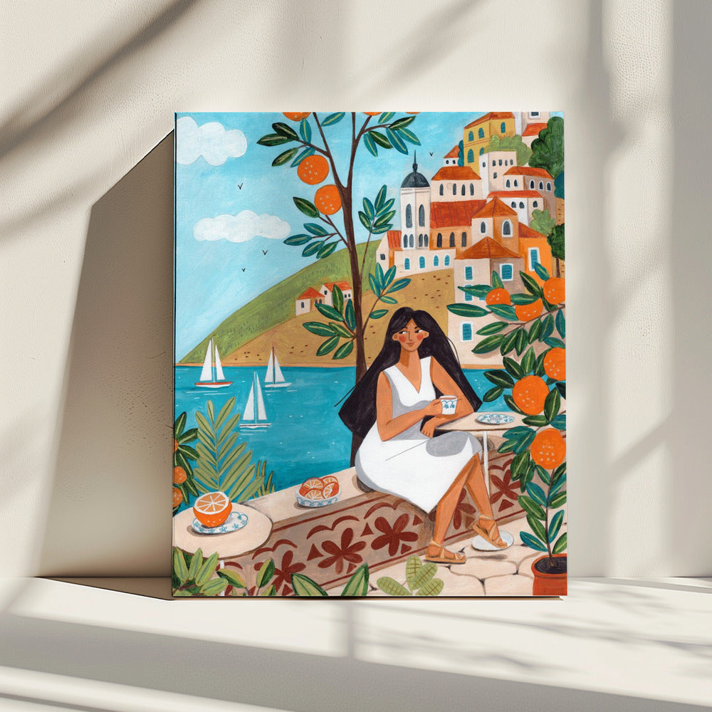 Reiseposter Frau an der Mittelmeerküste | Leinwand