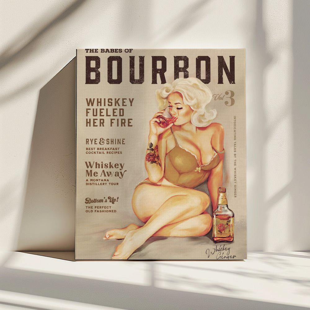 Bourbon Wandkunst. Sexy Vintage Pin-Up-Girl trinkt Whiskey | Leinwand