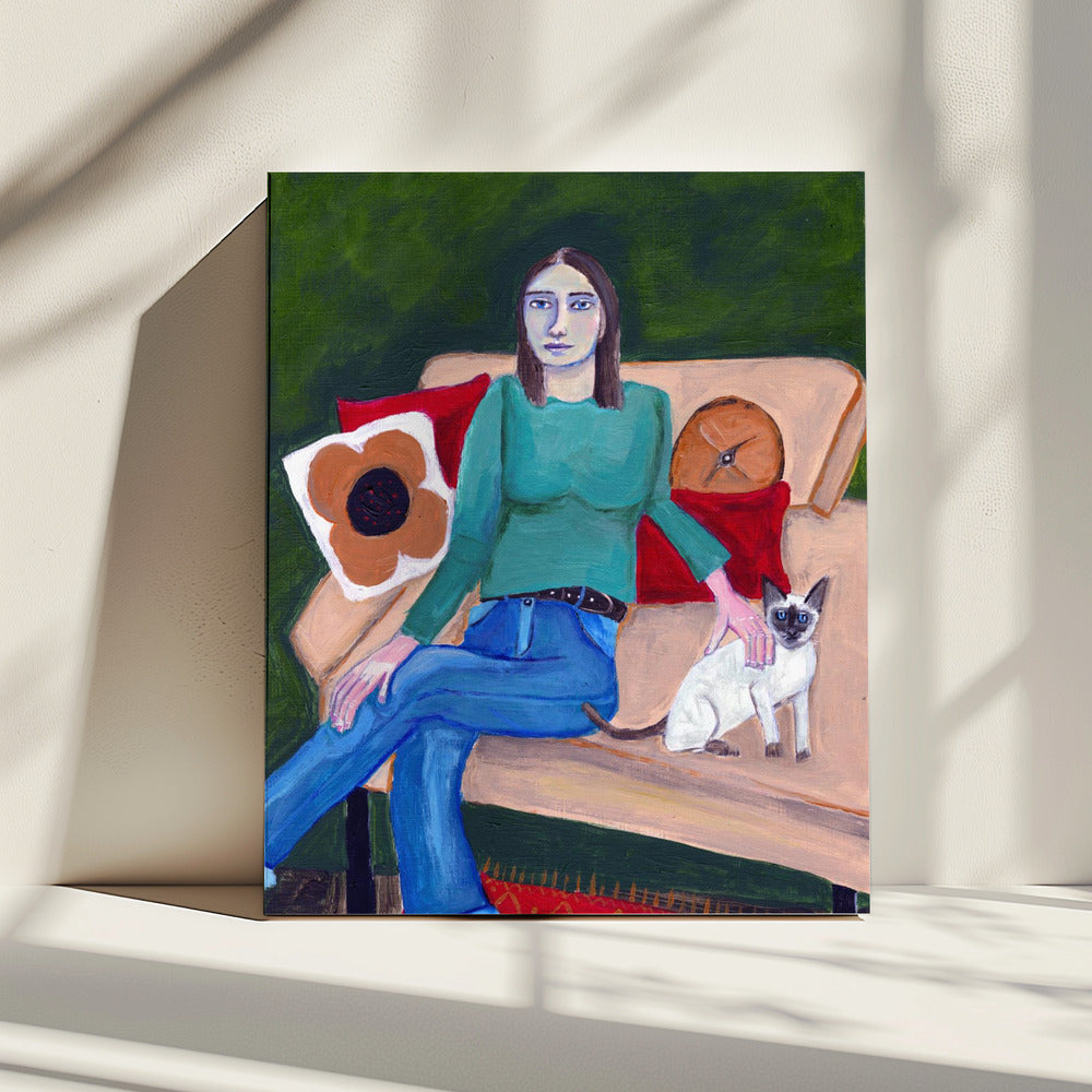 Dame sitzt mit Siamkatze | Leinwand