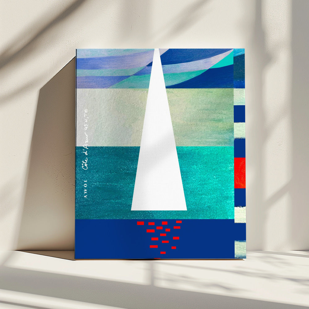 Abstraktes Segelboot an der französischen Riviera, farbenfroher Kunstdruck an der Côte d'Azur | Leinwand