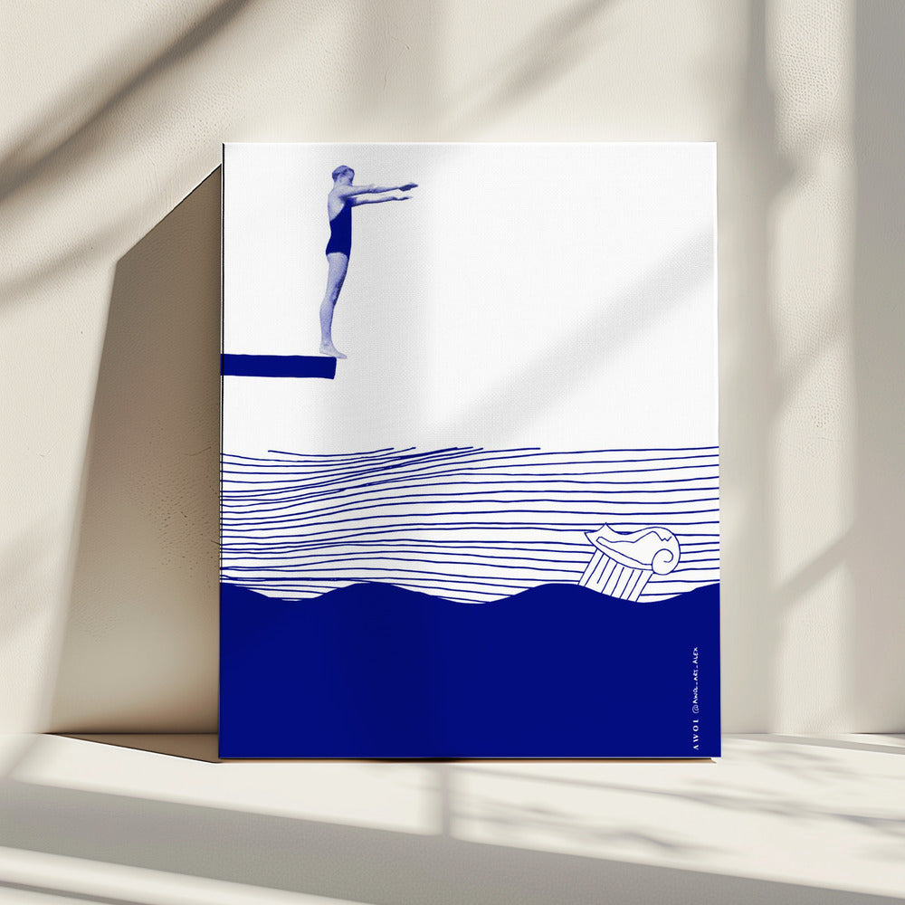 Moderne Vintage Strand Wandkunst, Maritimer Kunstdruck, Frau schwimmt im abstrakten Meer | Leinwand
