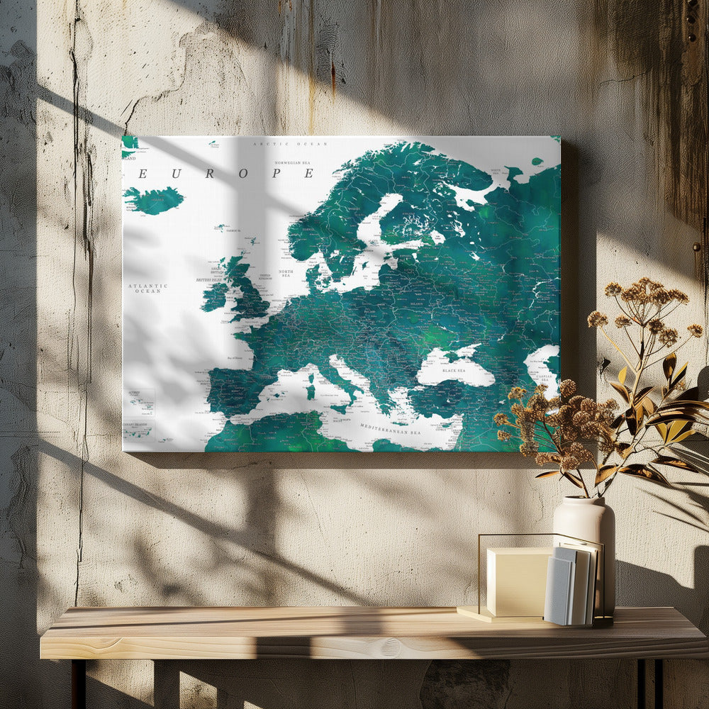 Blaugrüne detaillierte Europakarte | Leinwand