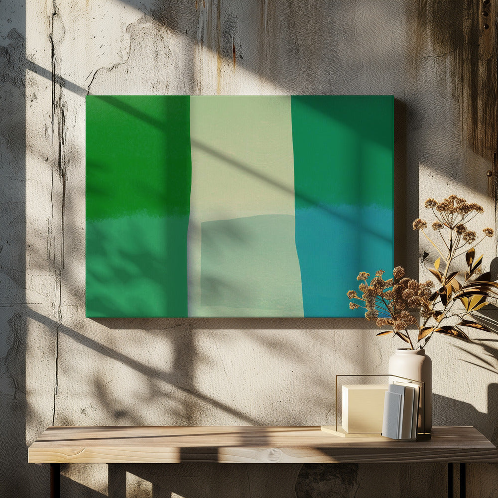 Minimalistische Komposition mit leuchtenden Grün- und Blautönen | Leinwand