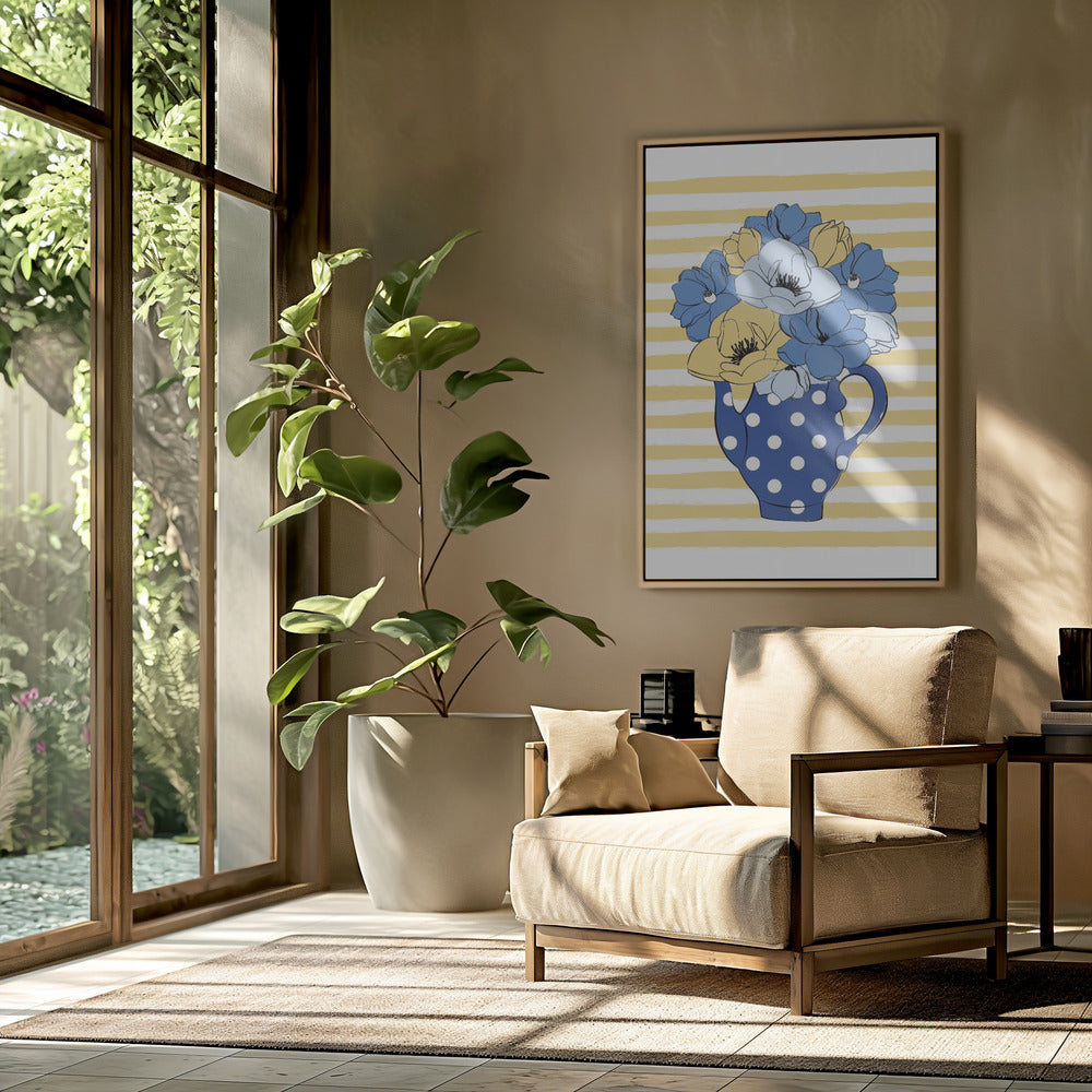 Blaue und gelbe Blumen in einer gepunkteten Vase | Poster