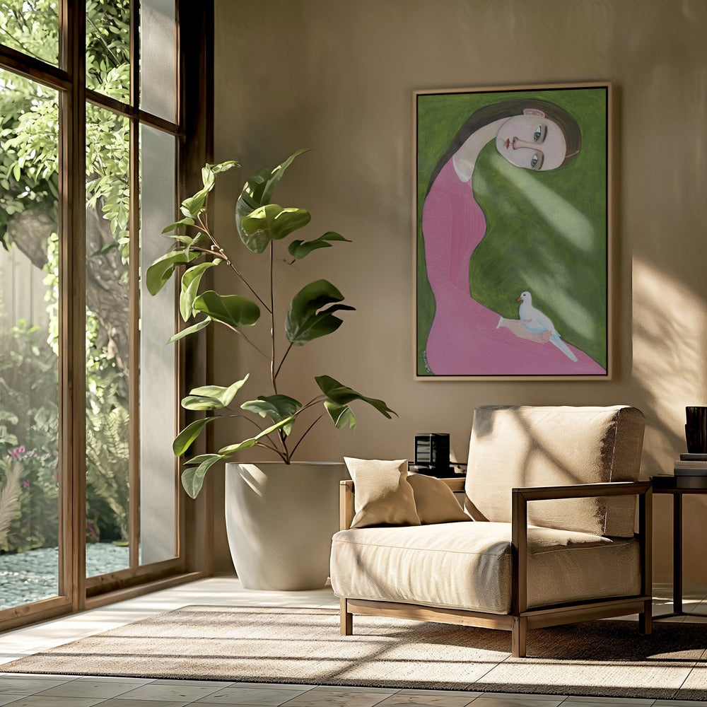 Mädchen mit Taube sitzend im rosa Kleid | Poster