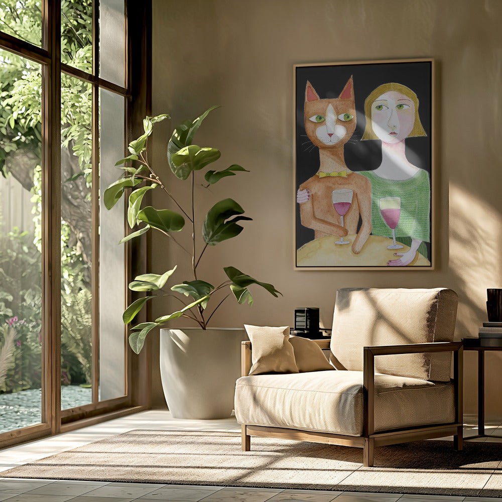 Beste Freunde Katze und Dame trinken Wein | Poster
