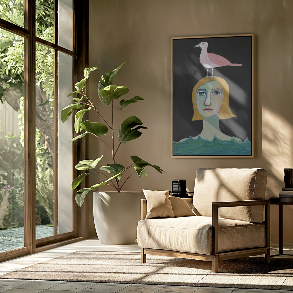 Swimming Girl with Pink Seagull | Poster