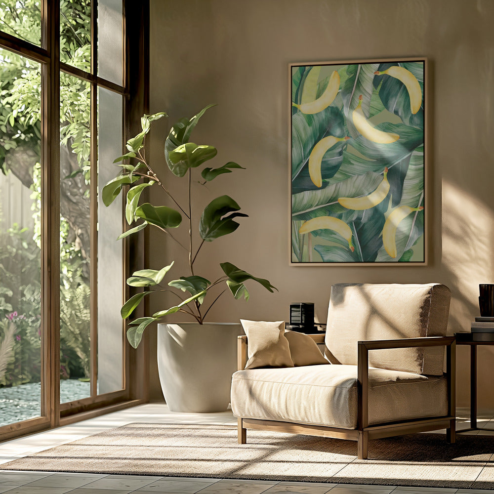 Fresh Banana &amp; Lush Tropical Leaves Aesthetic Pattern - Natural Watercolor Design | Poster
