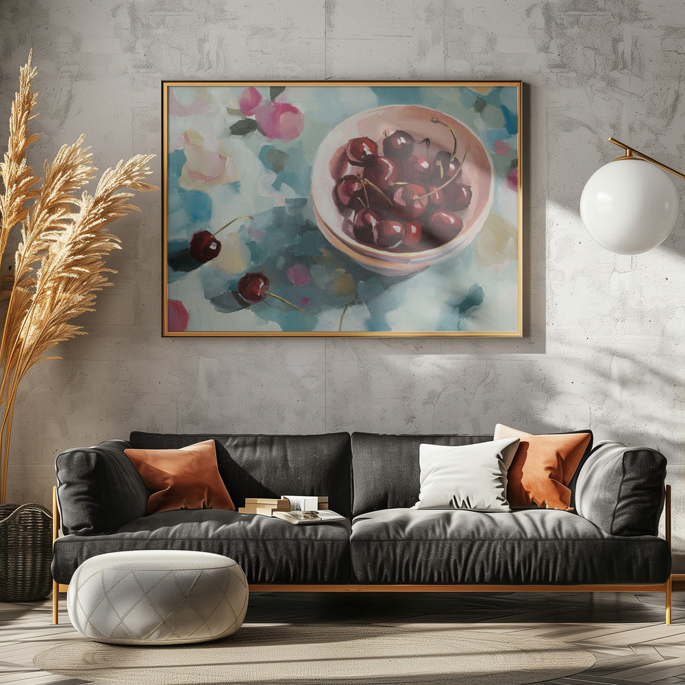 Kirschen auf Tischdecke | Poster