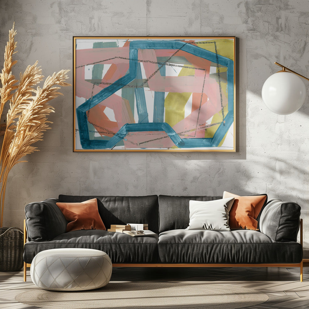 Abstrakte Linien in Blau und Rosa | Kunstdruck auf Leinwand