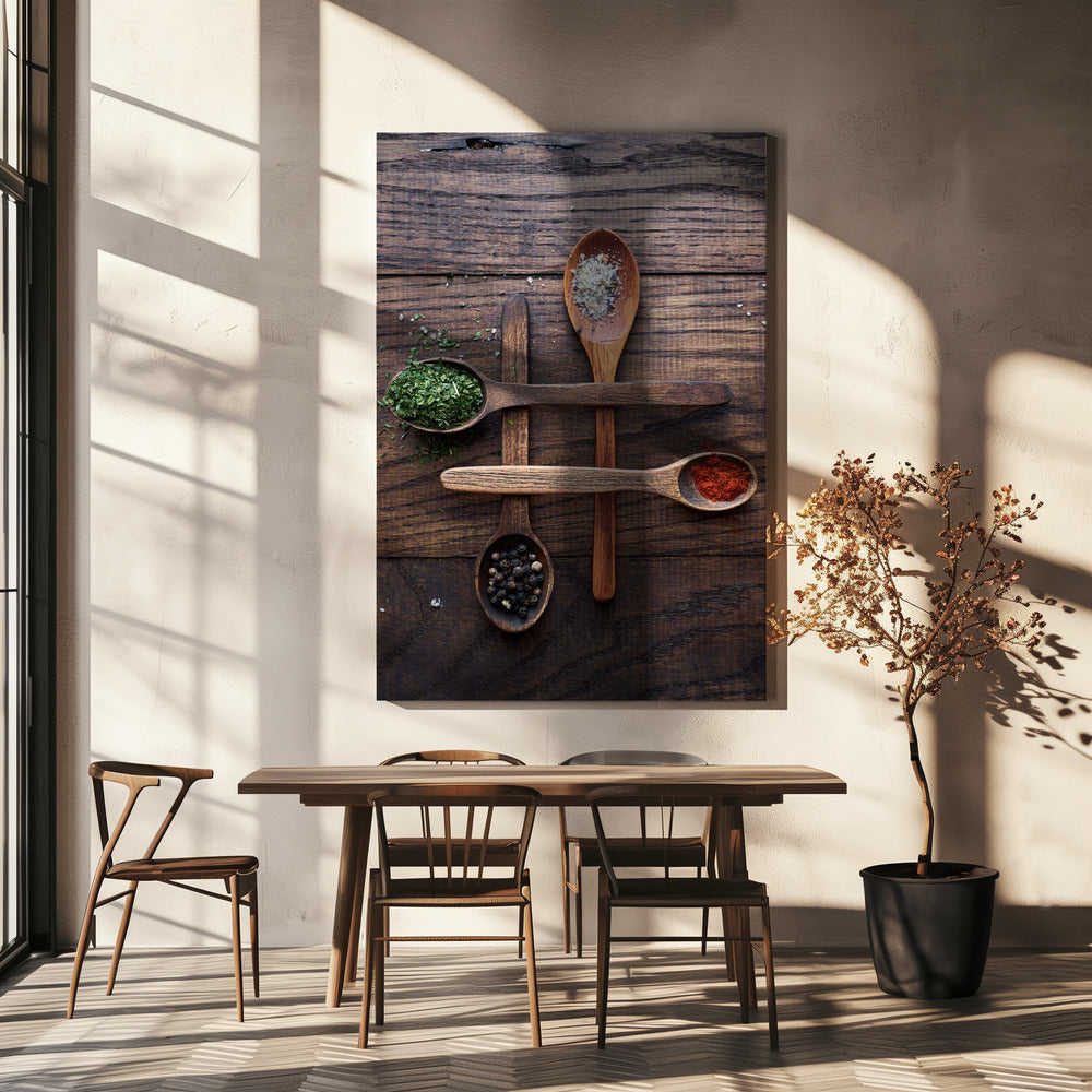 Holzlöffel mit bunten Gewürzen | Leinwand