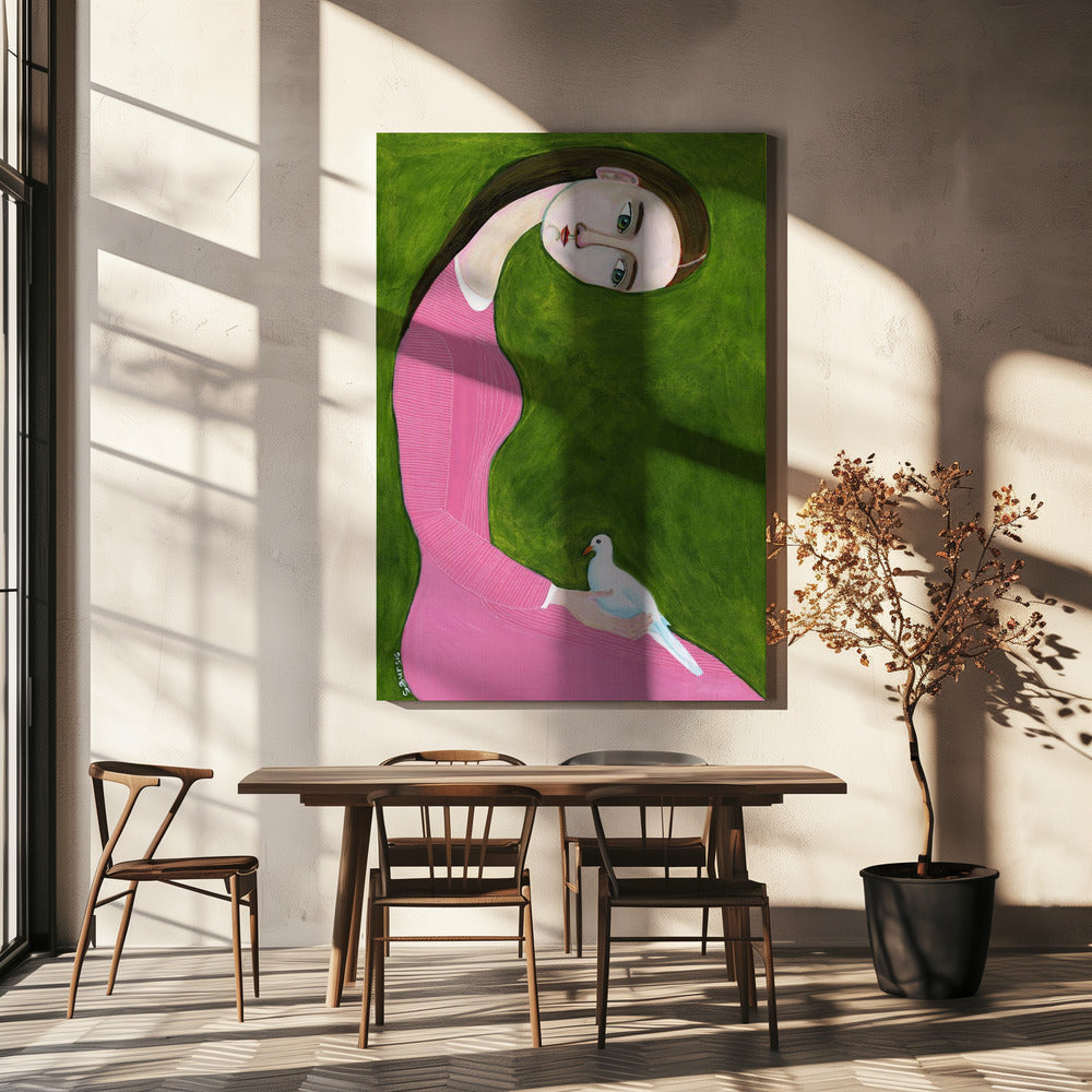 Mädchen mit Taube sitzend mit rosa Kleid | Leinwand