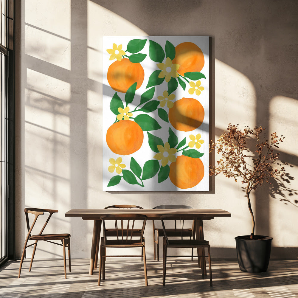 Orangen mit grünen Blättern und zarten gelben Blüten | Leinwand