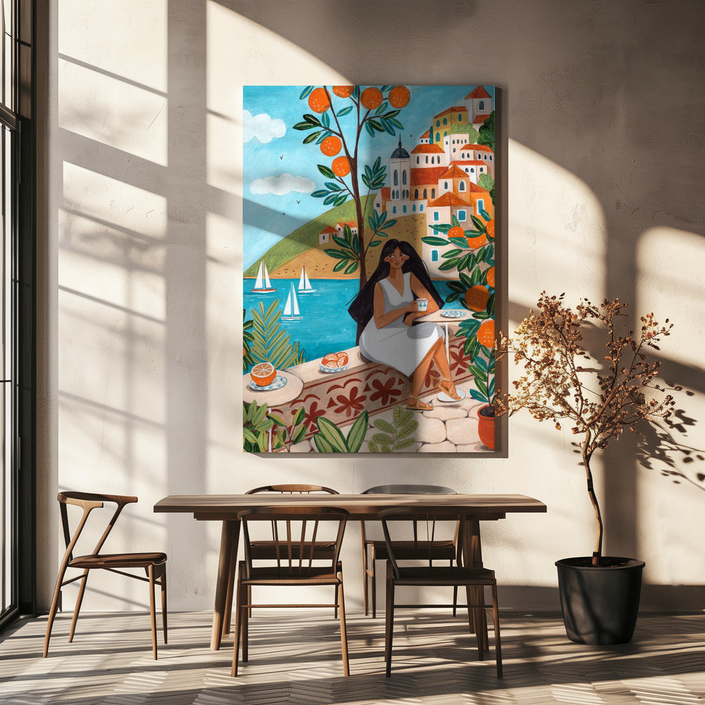 Reiseposter Frau an der Mittelmeerküste | Leinwand