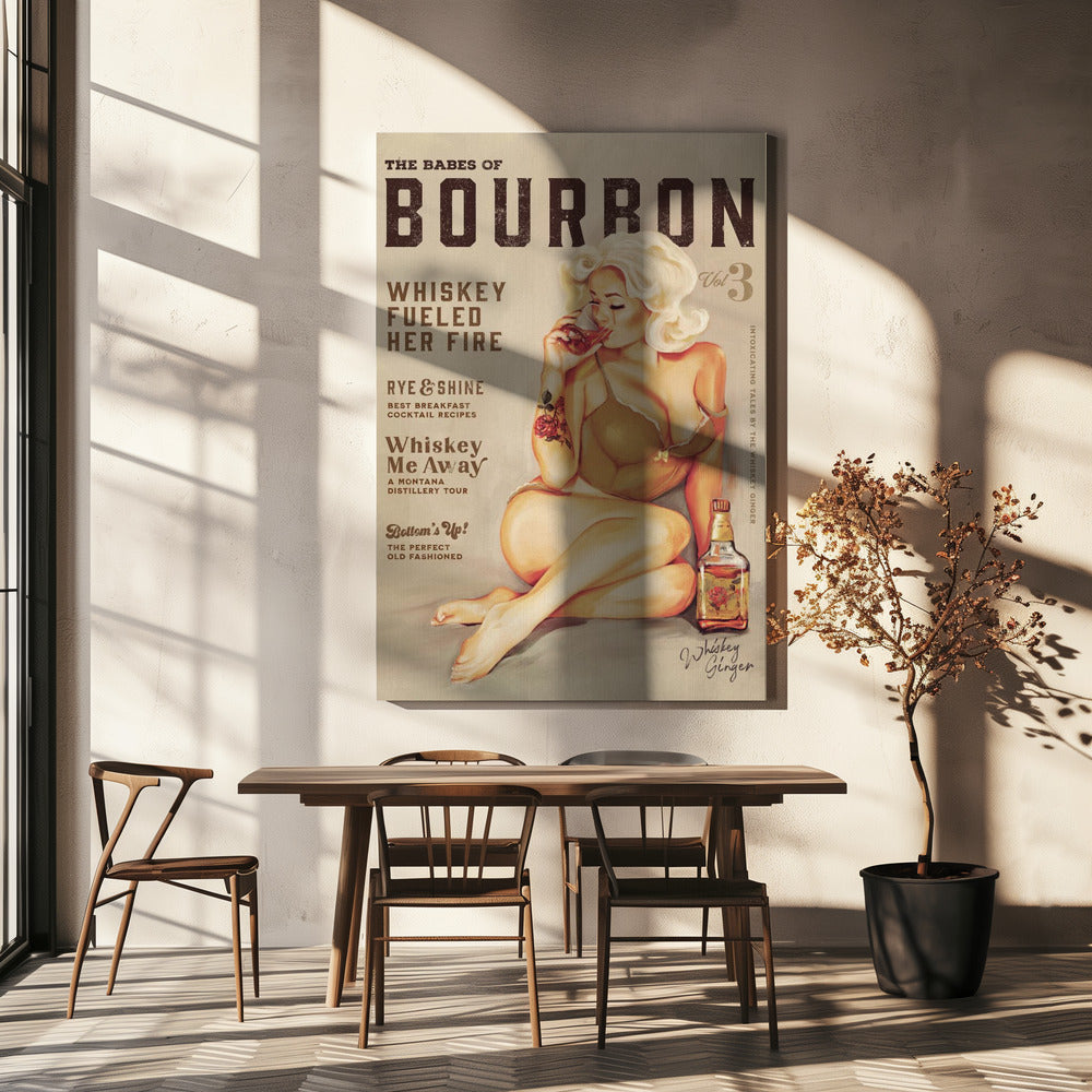 Bourbon Wandkunst. Sexy Vintage Pin-Up-Girl trinkt Whiskey | Leinwand