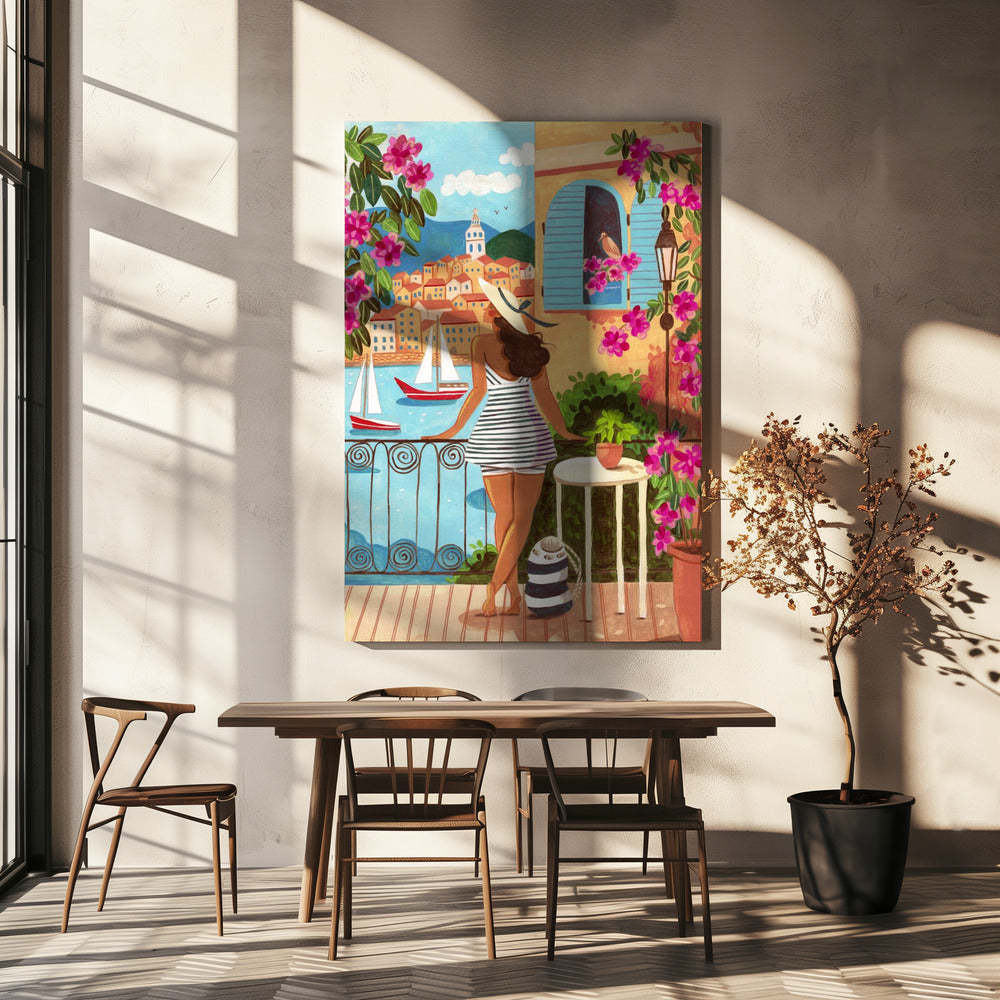Reiseposter Frau in Saint-Tropez, Frankreich | Leinwand