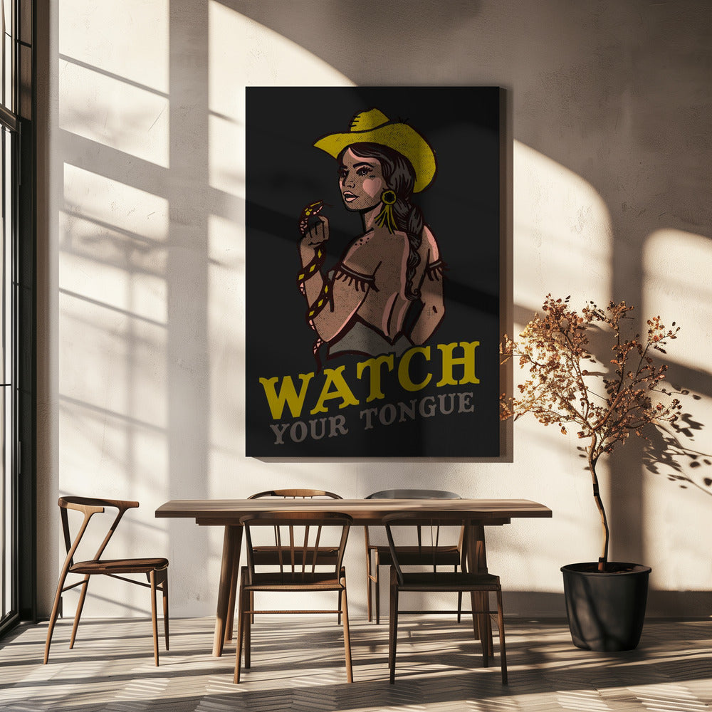Pass auf deine Zunge auf Badass Pin-Up Cowgirl &amp; Klapperschlange | Leinwand