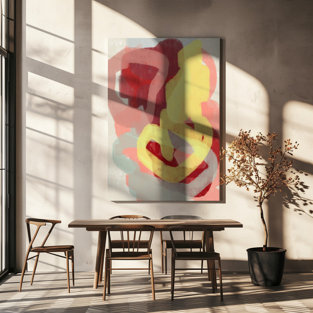Abstraktes Gemälde in Pastell. Gelb, Rot und Grau. | Leinwand
