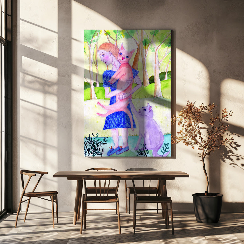 Dame mit der rosa-blauen Katze. | Leinwand