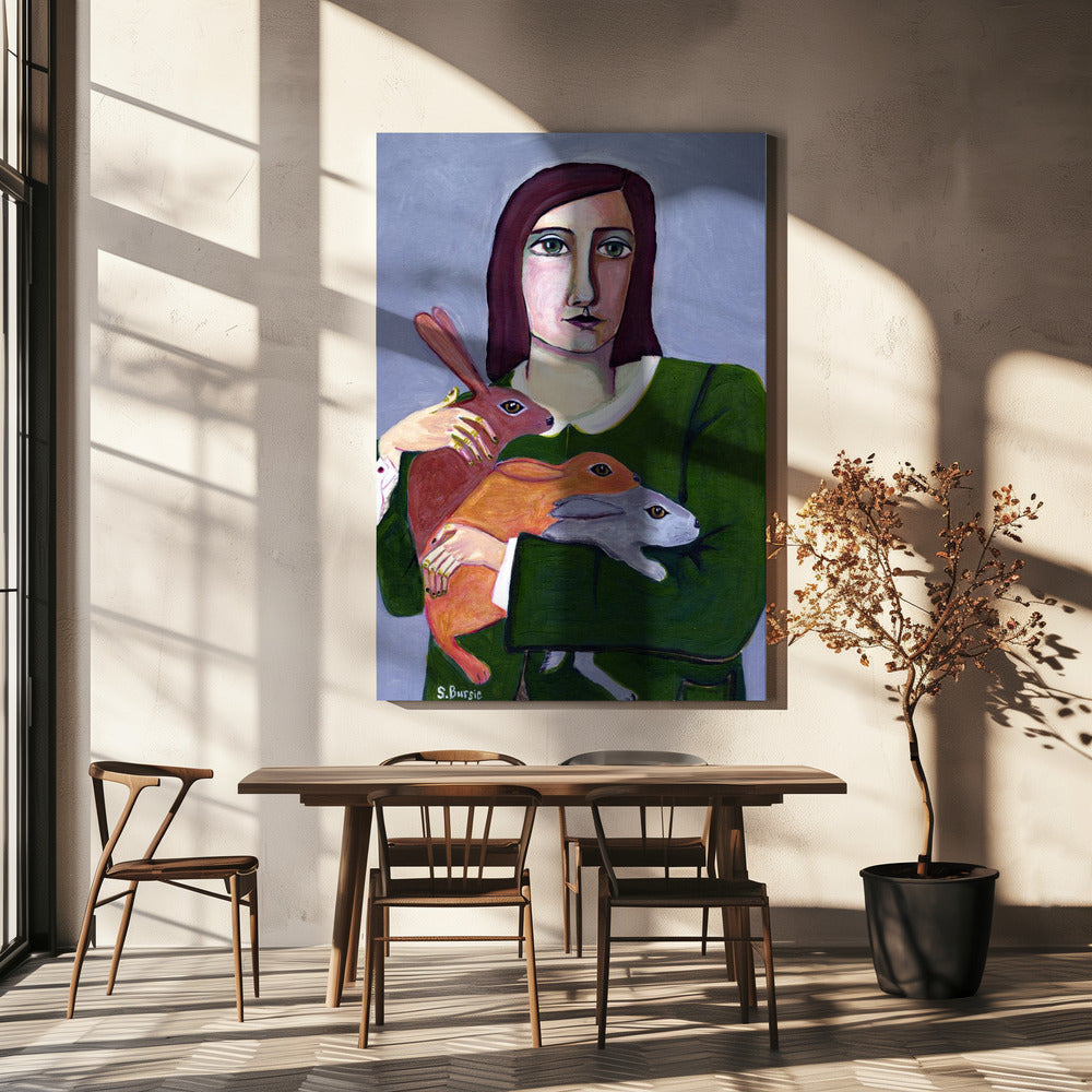 Dame mit drei Kaninchen | Leinwand
