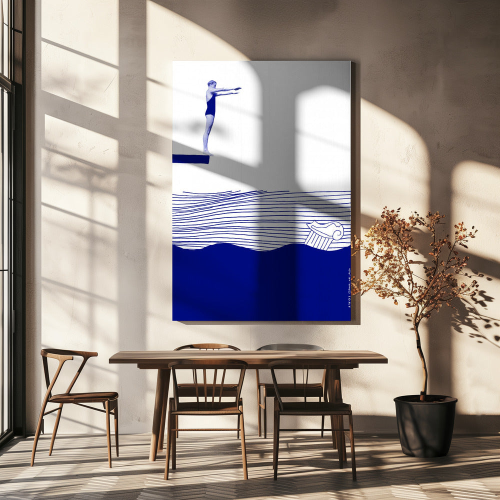 Moderne Vintage Strand Wandkunst, Maritimer Kunstdruck, Frau schwimmt im abstrakten Meer | Leinwand