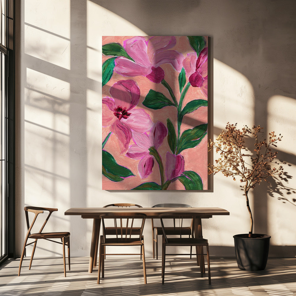 Rosa Blumen mit kräftigen grünen Blättern | Leinwand