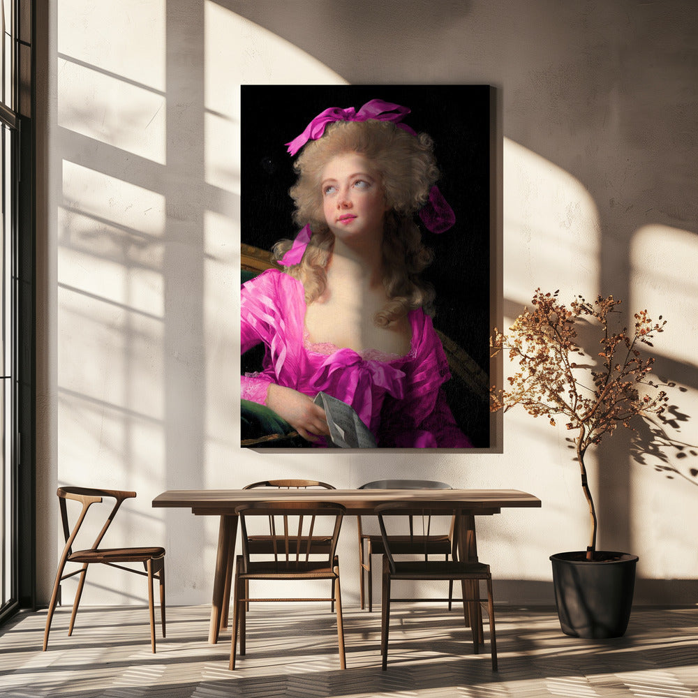 Frau in leuchtendem rosa Kleid und Schleife | Leinwand
