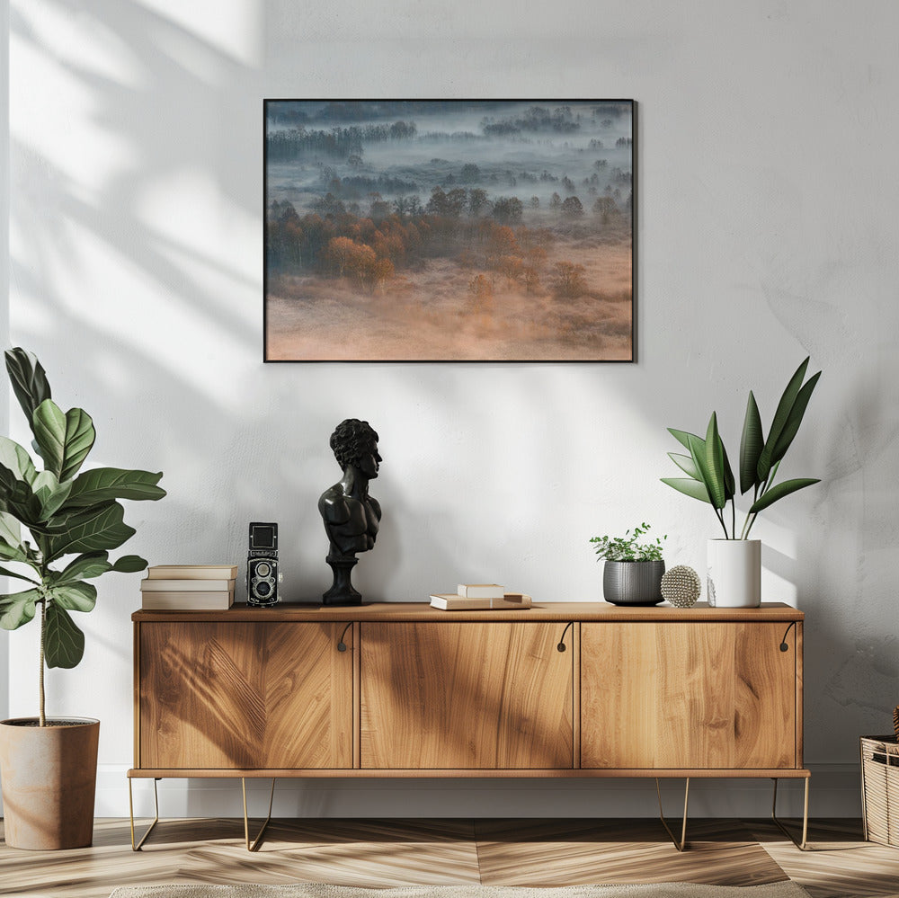 Herbstliche neblige Morgendämmerung | Poster
