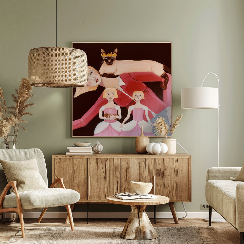 Katzendame mit Siamkatze mit Krone | Leinwand