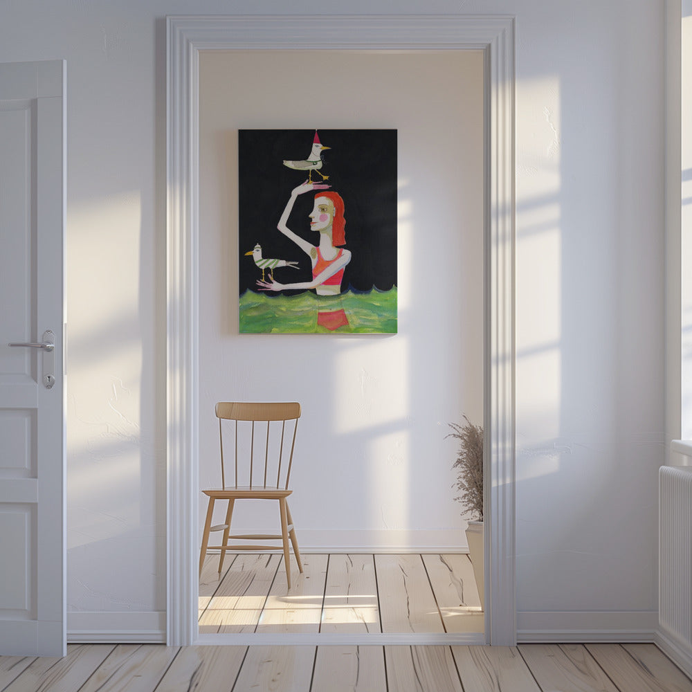 Swimming Lady with birds | Canvas
