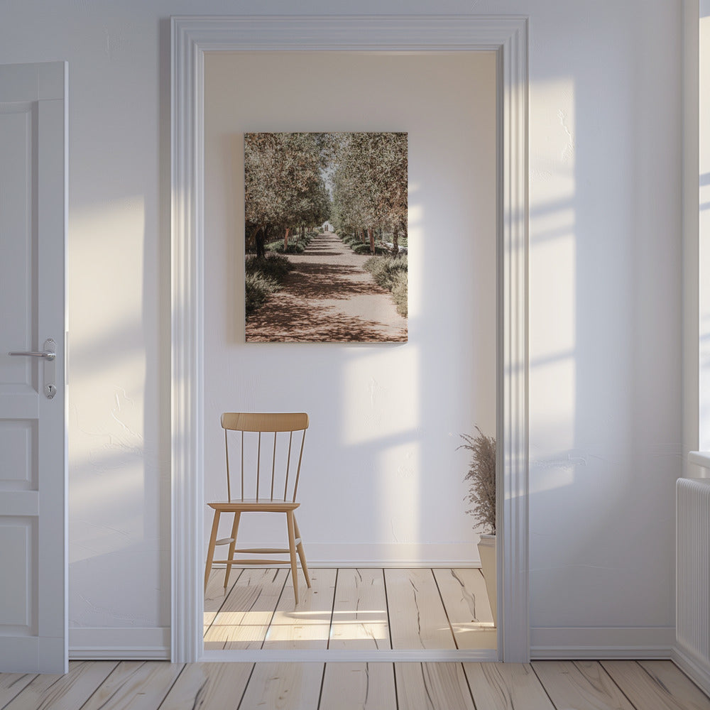Ein ruhiger, von Bäumen gesäumter Weg mit Sonnenlicht | Leinwand