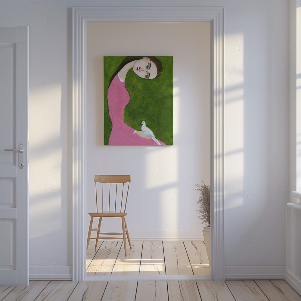 Mädchen mit Taube sitzend mit rosa Kleid | Leinwand