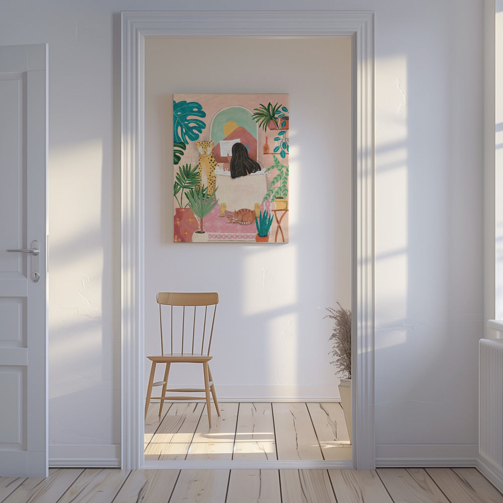 Frau badet in rosa tropischem Badezimmer | Leinwand