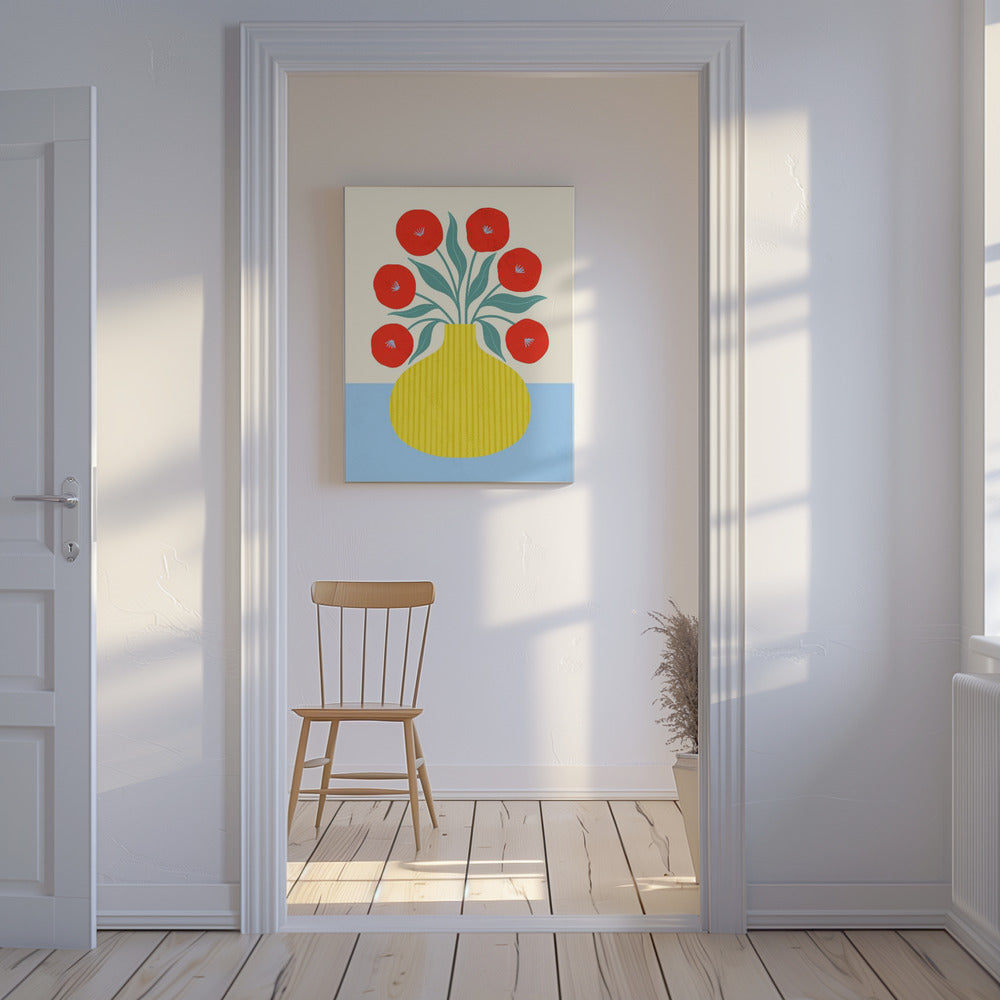 Rote Blumen in gelber Vase | Leinwand