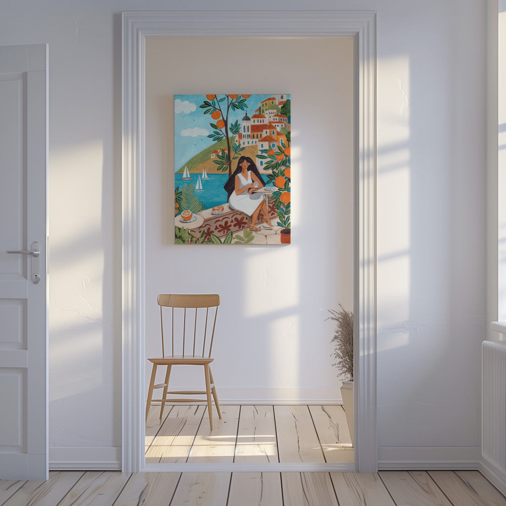 Reiseposter Frau an der Mittelmeerküste | Leinwand