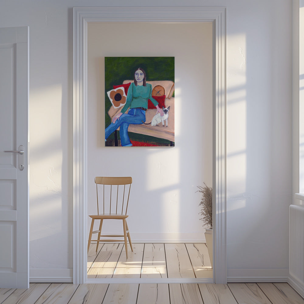 Dame sitzt mit Siamkatze | Leinwand