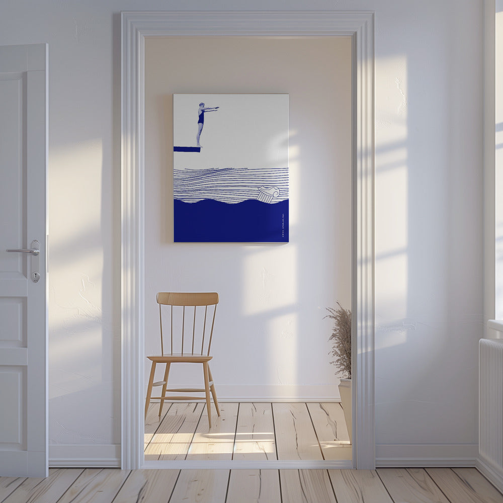 Moderne Vintage Strand Wandkunst, Maritimer Kunstdruck, Frau schwimmt im abstrakten Meer | Leinwand