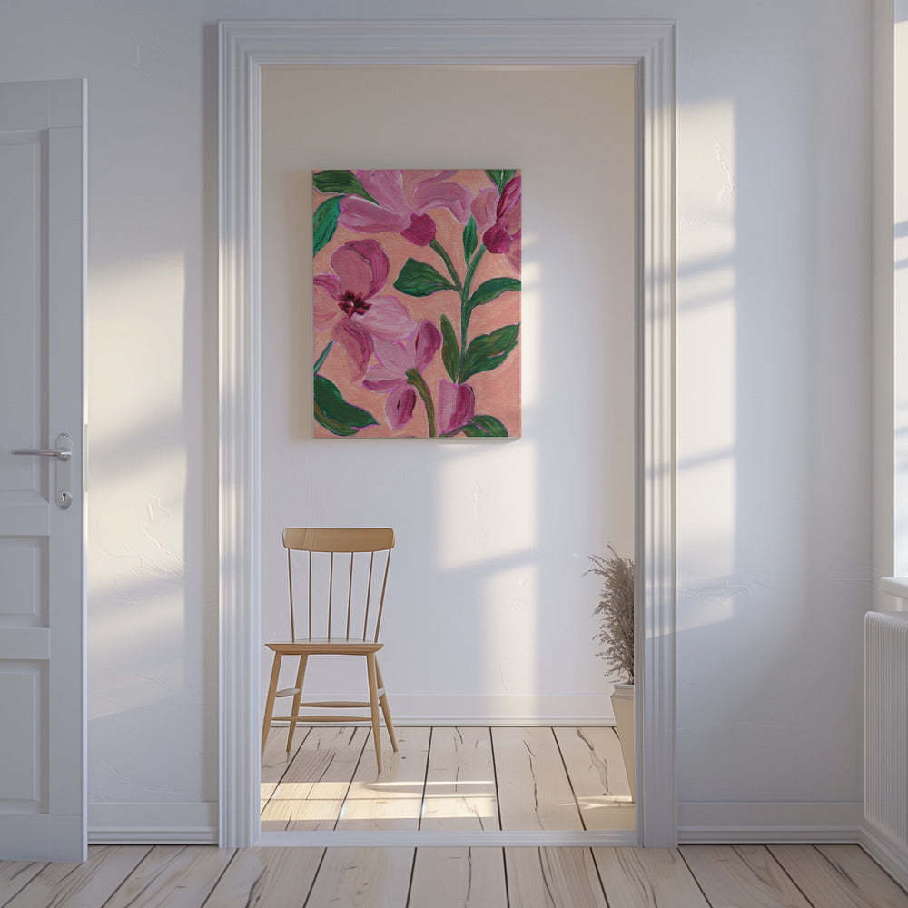 Rosa Blumen mit kräftigen grünen Blättern | Leinwand